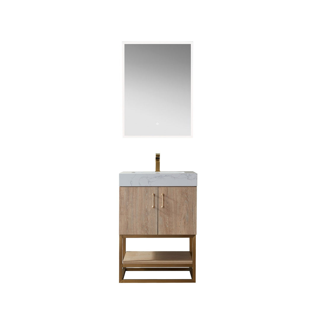 Vinnova Alistair 24" Single Vanity in North American Oak with White Grain Stone Countertop With Mirror