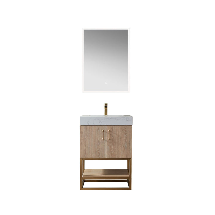 Vinnova Alistair 24" Single Vanity in North American Oak with White Grain Stone Countertop With Mirror