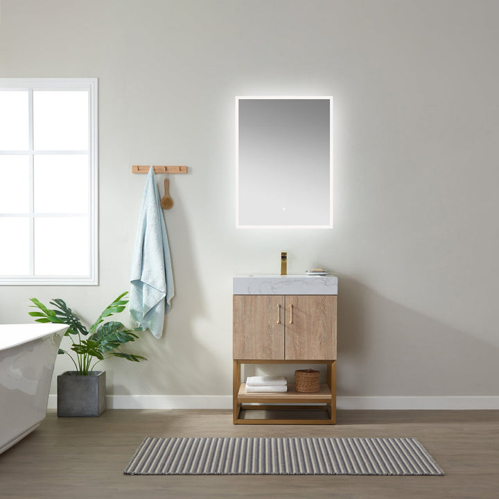 Vinnova Alistair 24" Single Vanity in North American Oak with White Grain Stone Countertop With Mirror