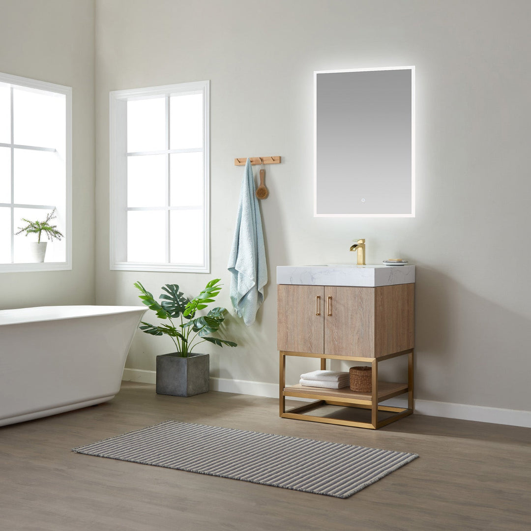 Vinnova Alistair 24" Single Vanity in North American Oak with White Grain Stone Countertop With Mirror