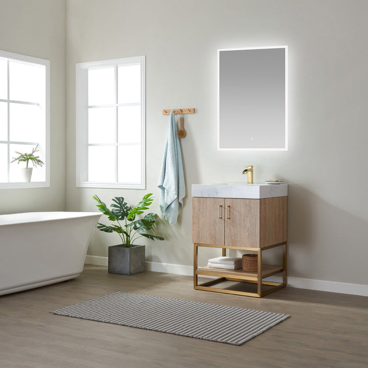 Vinnova Alistair 24" Single Vanity in North American Oak with White Grain Stone Countertop With Mirror