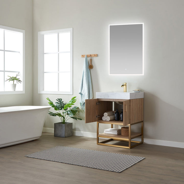 Vinnova Alistair 24" Single Vanity in North American Oak with White Grain Stone Countertop With Mirror