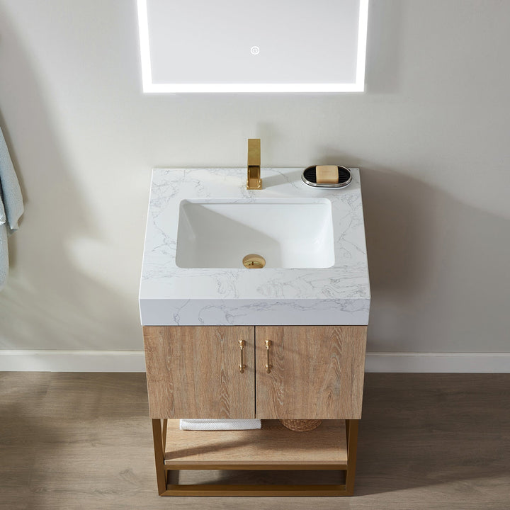 Vinnova Alistair 24" Single Vanity in North American Oak with White Grain Stone Countertop With Mirror