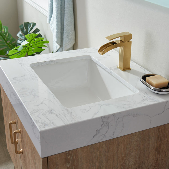 Vinnova Alistair 24" Single Vanity in North American Oak with White Grain Stone Countertop With Mirror