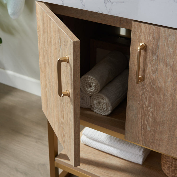 Vinnova Alistair 24" Single Vanity in North American Oak with White Grain Stone Countertop With Mirror
