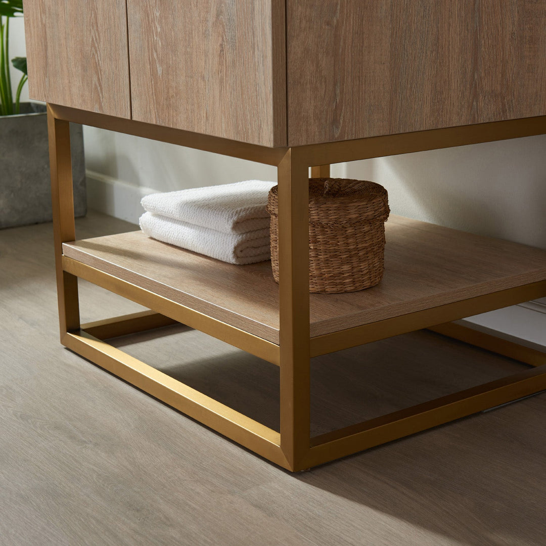 Vinnova Alistair 24" Single Vanity in North American Oak with White Grain Stone Countertop With Mirror
