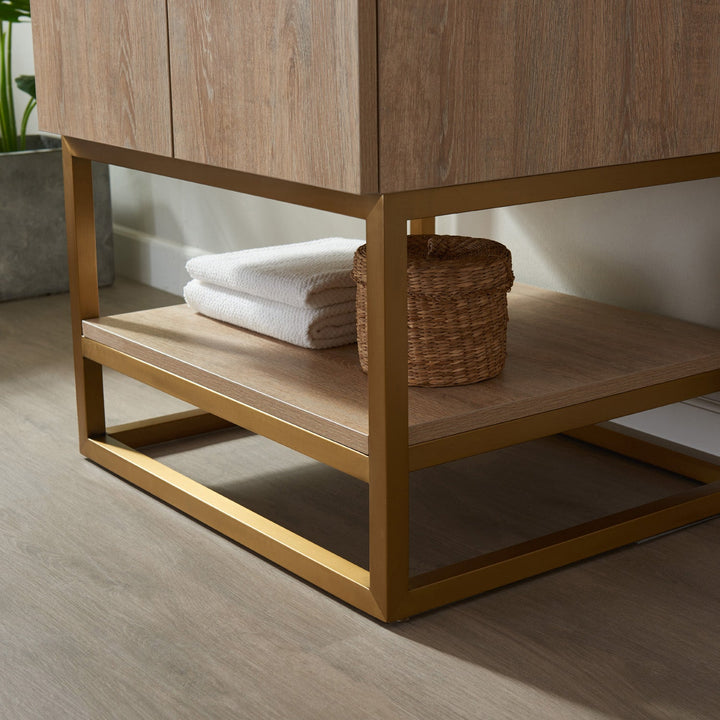 Vinnova Alistair 24" Single Vanity in North American Oak with White Grain Stone Countertop With Mirror