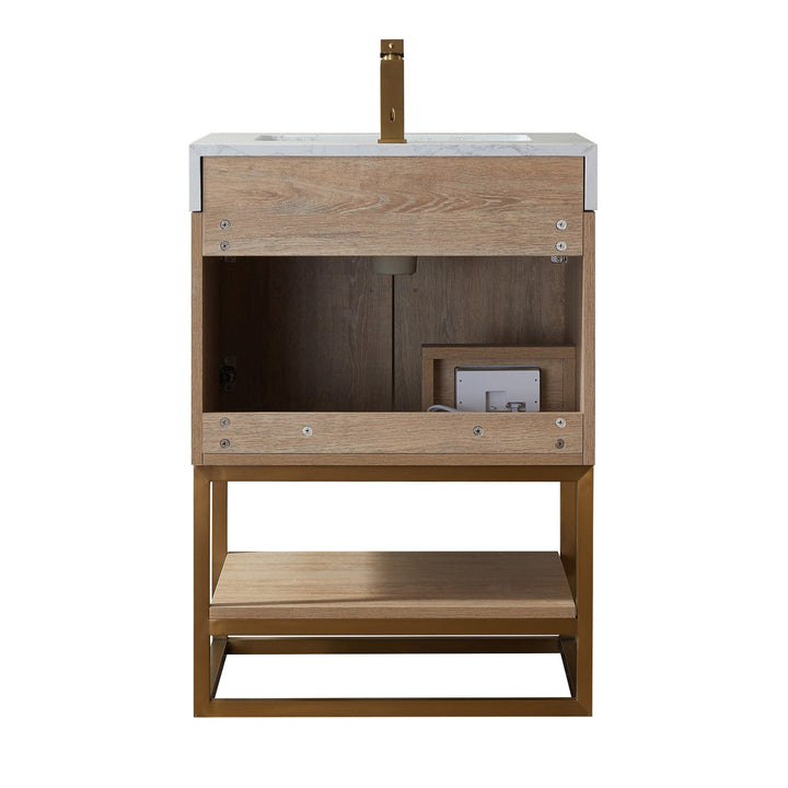 Vinnova Alistair 24B" Single Vanity in North American Oak with White Grain Stone Countertop Without Mirror