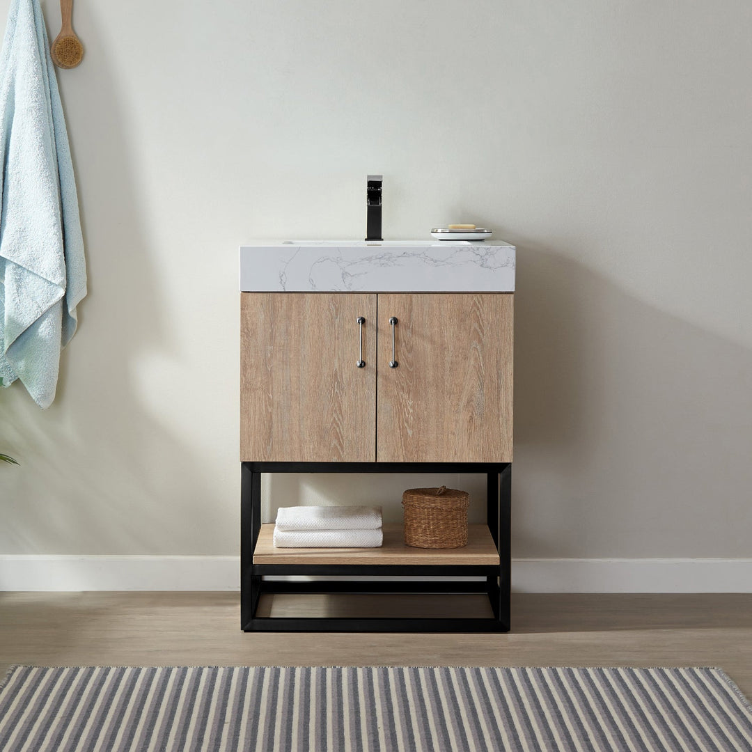 Vinnova Alistair 24B" Single Vanity in North American Oak with White Grain Stone Countertop Without Mirror