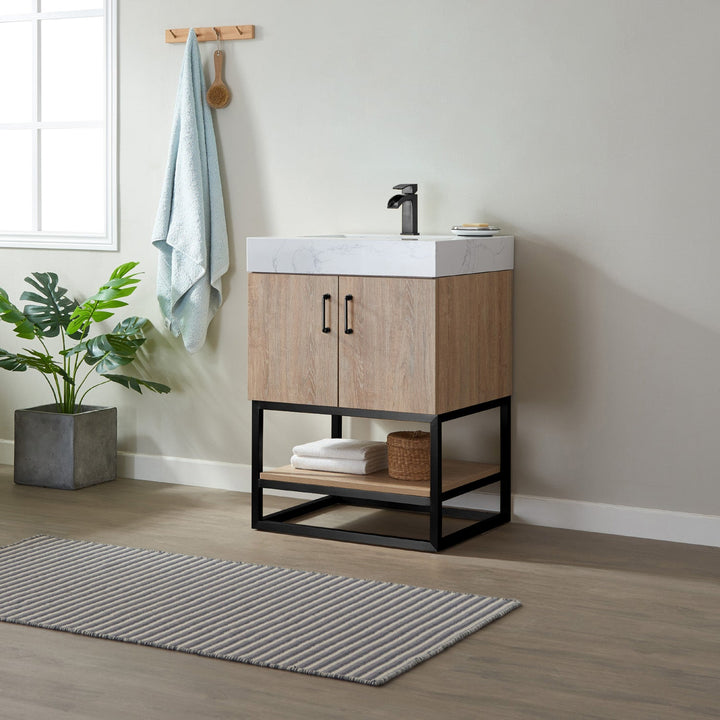Vinnova Alistair 24B" Single Vanity in North American Oak with White Grain Stone Countertop Without Mirror
