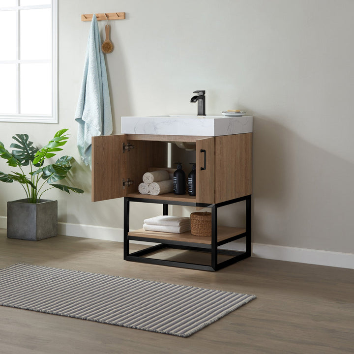 Vinnova Alistair 24B" Single Vanity in North American Oak with White Grain Stone Countertop Without Mirror