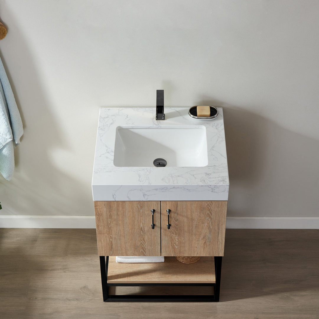 Vinnova Alistair 24B" Single Vanity in North American Oak with White Grain Stone Countertop Without Mirror