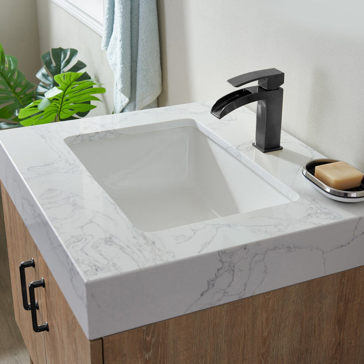 Vinnova Alistair 24B" Single Vanity in North American Oak with White Grain Stone Countertop Without Mirror