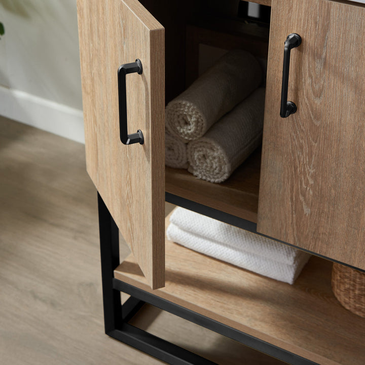 Vinnova Alistair 24B" Single Vanity in North American Oak with White Grain Stone Countertop Without Mirror