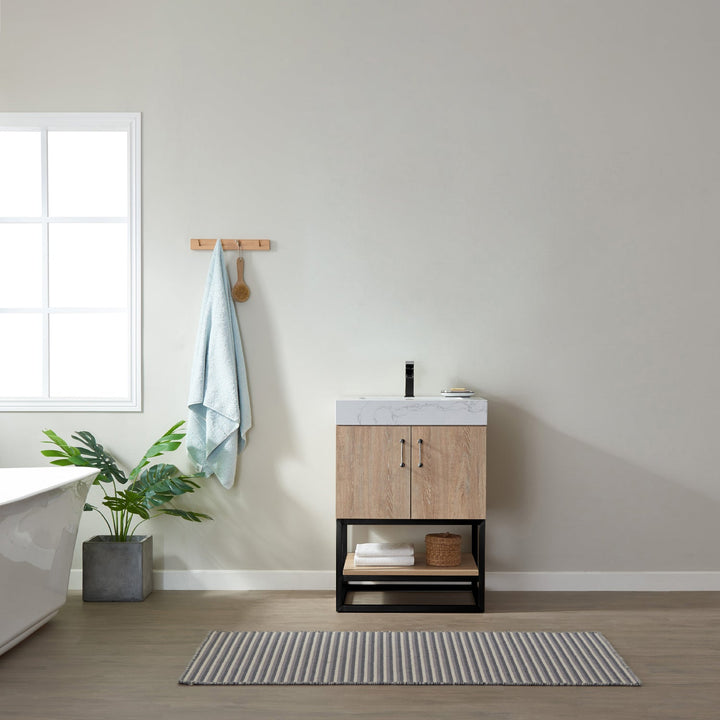 Vinnova Alistair 24B" Single Vanity in North American Oak with White Grain Stone Countertop Without Mirror