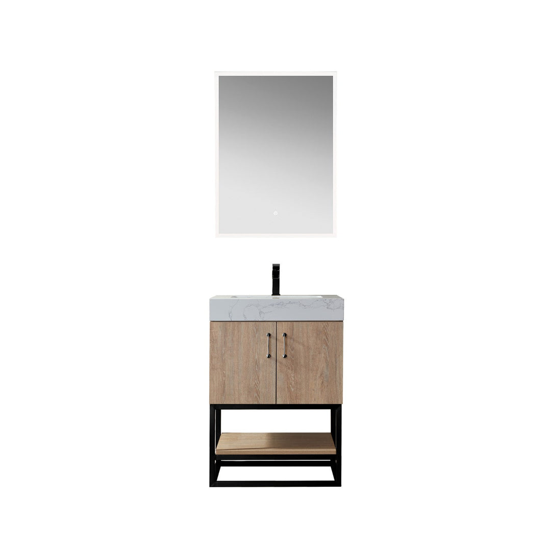 Vinnova Alistair 24B" Single Vanity in North American Oak with White Grain Stone Countertop With Mirror