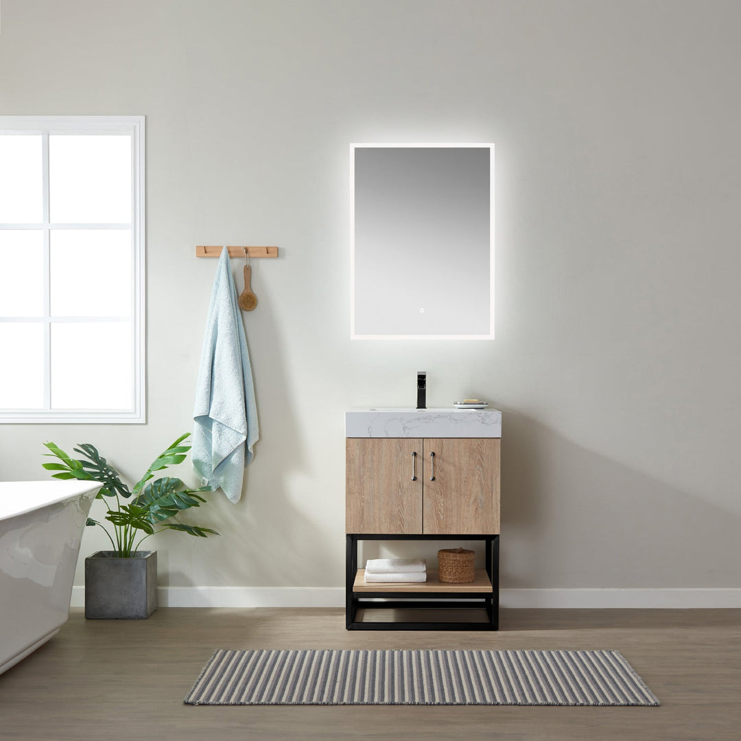 Vinnova Alistair 24B" Single Vanity in North American Oak with White Grain Stone Countertop With Mirror