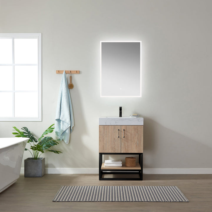 Vinnova Alistair 24B" Single Vanity in North American Oak with White Grain Stone Countertop With Mirror