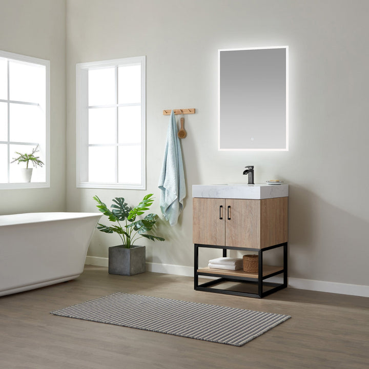 Vinnova Alistair 24B" Single Vanity in North American Oak with White Grain Stone Countertop With Mirror