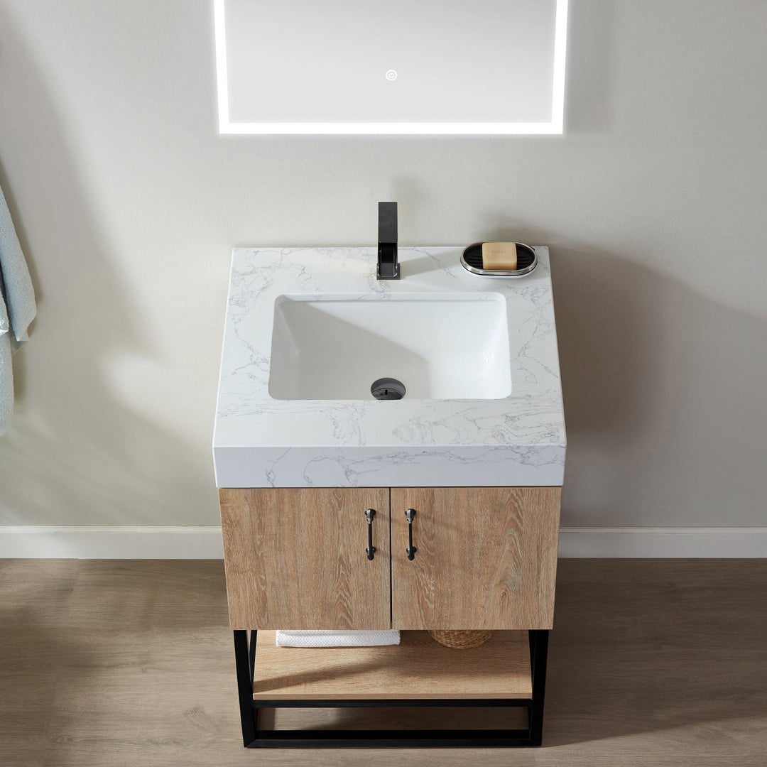 Vinnova Alistair 24B" Single Vanity in North American Oak with White Grain Stone Countertop With Mirror