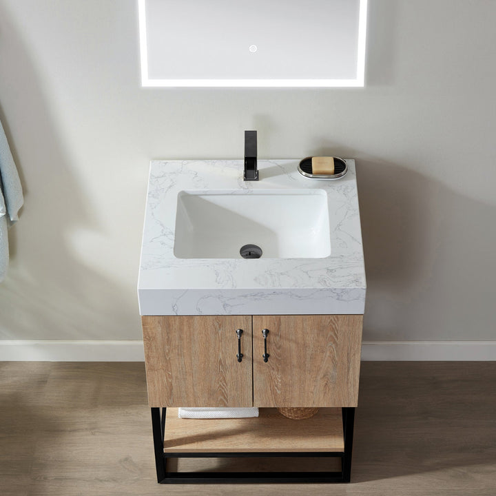 Vinnova Alistair 24B" Single Vanity in North American Oak with White Grain Stone Countertop With Mirror