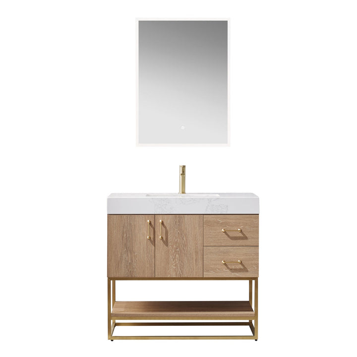 Vinnova Alistair 36" Single Vanity in North American Oak with White Grain Stone Countertop With Mirror