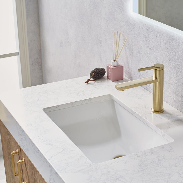 Vinnova Alistair 36" Single Vanity in North American Oak with White Grain Stone Countertop With Mirror