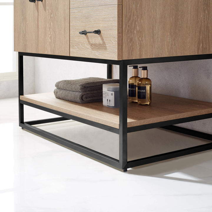 Vinnova Alistair 36B" Single Vanity in North American Oak with White Grain Stone Countertop Without Mirror