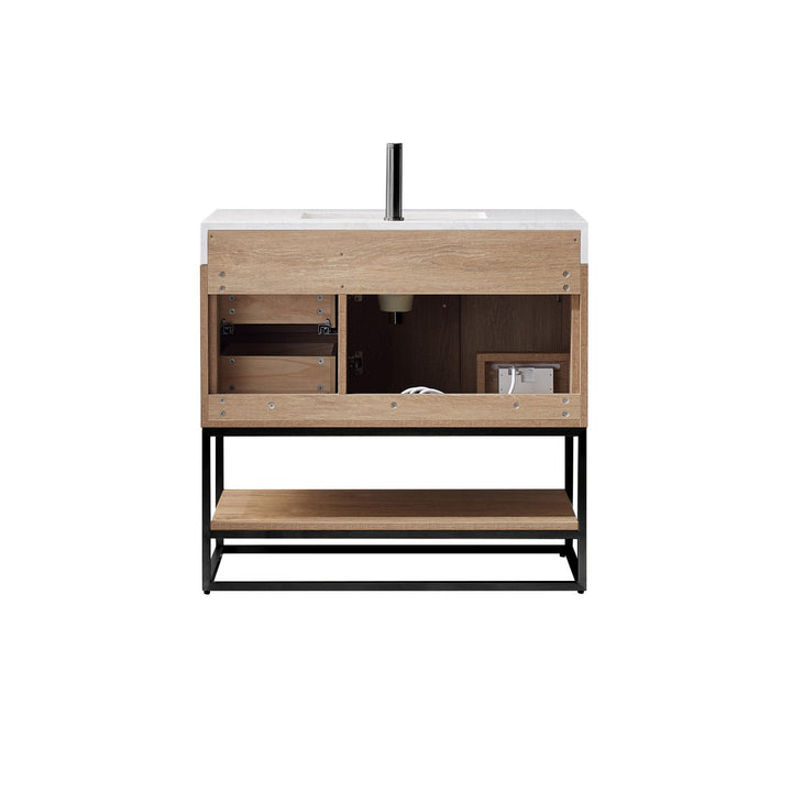 Vinnova Alistair 36B" Single Vanity in North American Oak with White Grain Stone Countertop Without Mirror