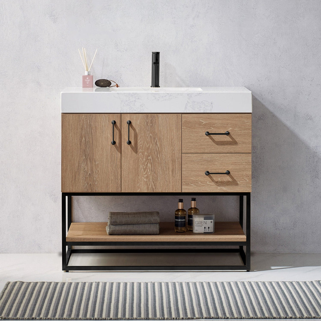 Vinnova Alistair 36B" Single Vanity in North American Oak with White Grain Stone Countertop Without Mirror