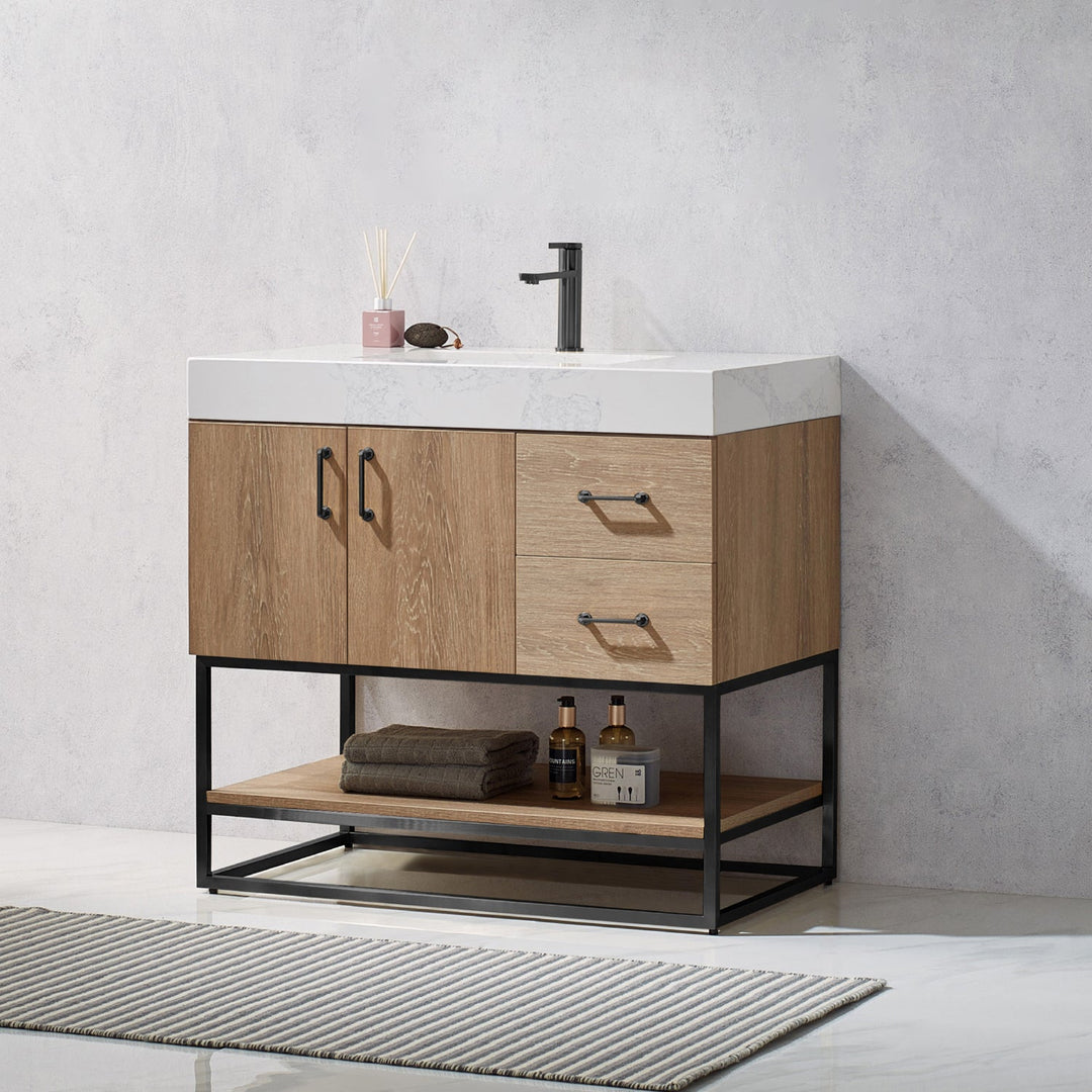 Vinnova Alistair 36B" Single Vanity in North American Oak with White Grain Stone Countertop Without Mirror
