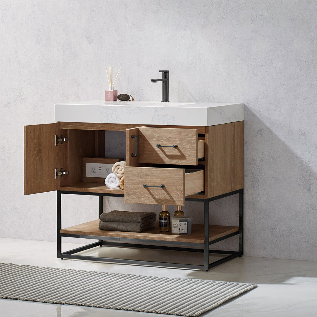 Vinnova Alistair 36B" Single Vanity in North American Oak with White Grain Stone Countertop Without Mirror