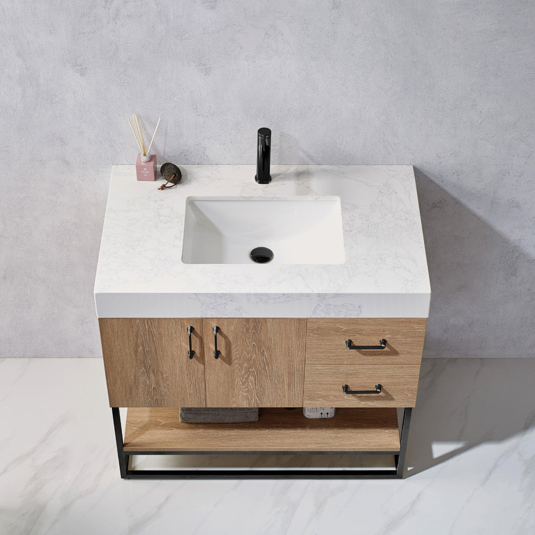 Vinnova Alistair 36B" Single Vanity in North American Oak with White Grain Stone Countertop Without Mirror