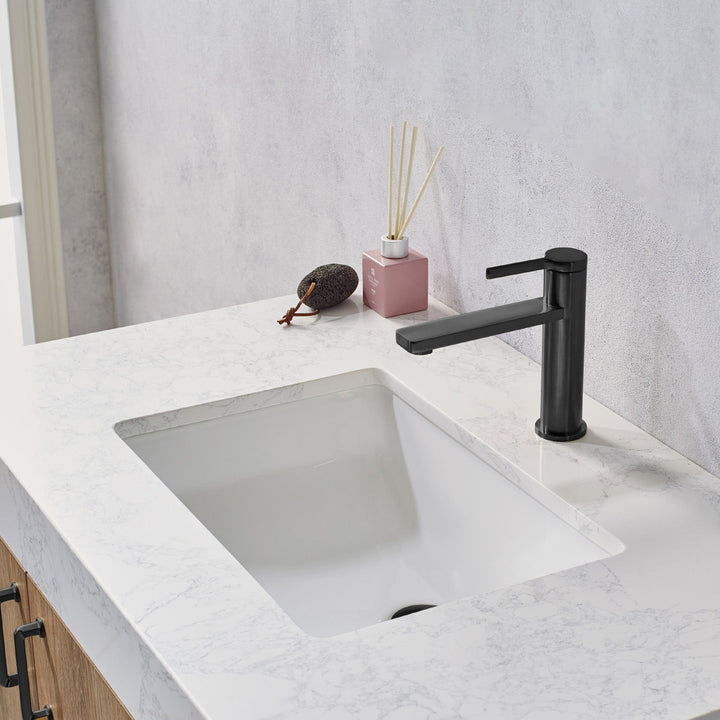 Vinnova Alistair 36B" Single Vanity in North American Oak with White Grain Stone Countertop Without Mirror
