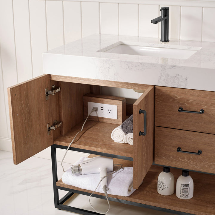 Vinnova Alistair 36B" Single Vanity in North American Oak with White Grain Stone Countertop Without Mirror