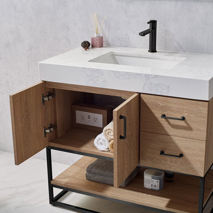 Vinnova Alistair 36B" Single Vanity in North American Oak with White Grain Stone Countertop Without Mirror