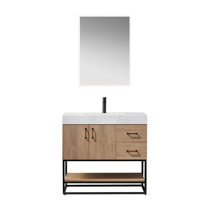 Vinnova Alistair 36B" Single Vanity in North American Oak with White Grain Stone Countertop With Mirror