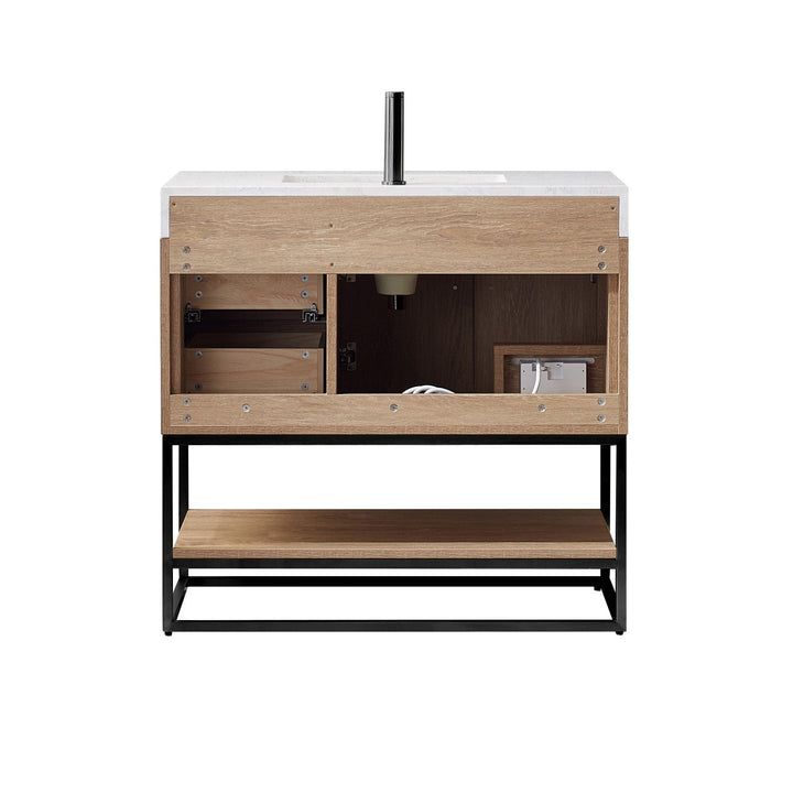 Vinnova Alistair 36B" Single Vanity in North American Oak with White Grain Stone Countertop With Mirror