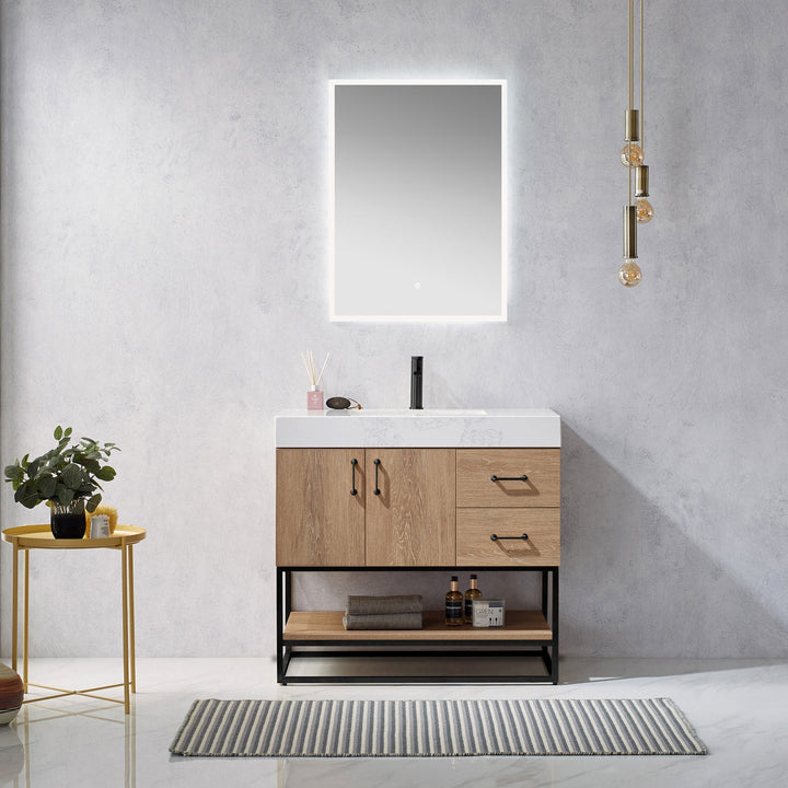 Vinnova Alistair 36B" Single Vanity in North American Oak with White Grain Stone Countertop With Mirror