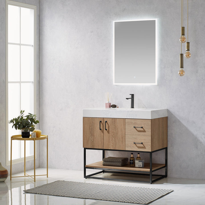 Vinnova Alistair 36B" Single Vanity in North American Oak with White Grain Stone Countertop With Mirror