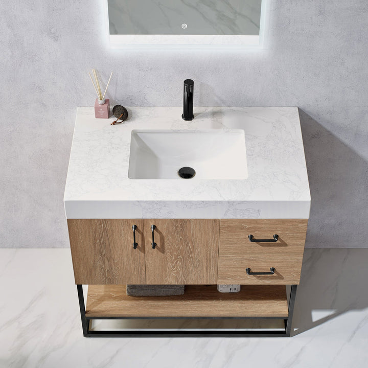 Vinnova Alistair 36B" Single Vanity in North American Oak with White Grain Stone Countertop With Mirror