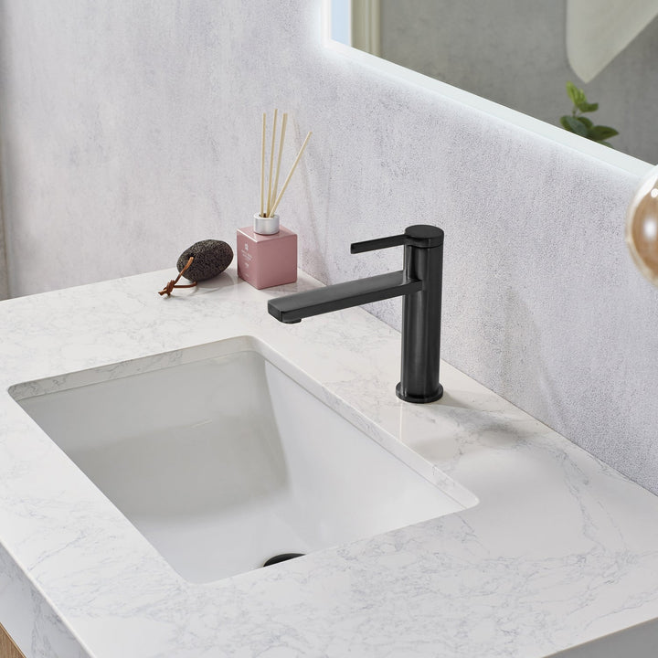 Vinnova Alistair 36B" Single Vanity in North American Oak with White Grain Stone Countertop With Mirror
