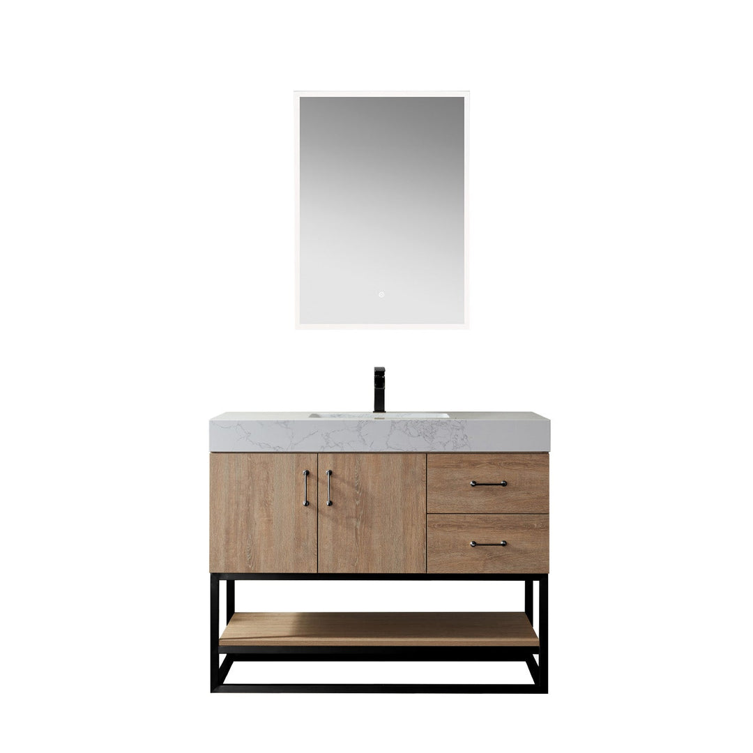 Vinnova Alistair 42B" Single Vanity in North American Oak with White Grain Stone Countertop With Mirror