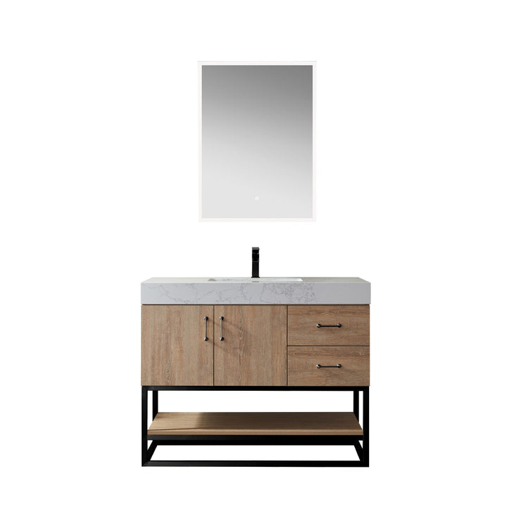 Vinnova Alistair 42B" Single Vanity in North American Oak with White Grain Stone Countertop With Mirror