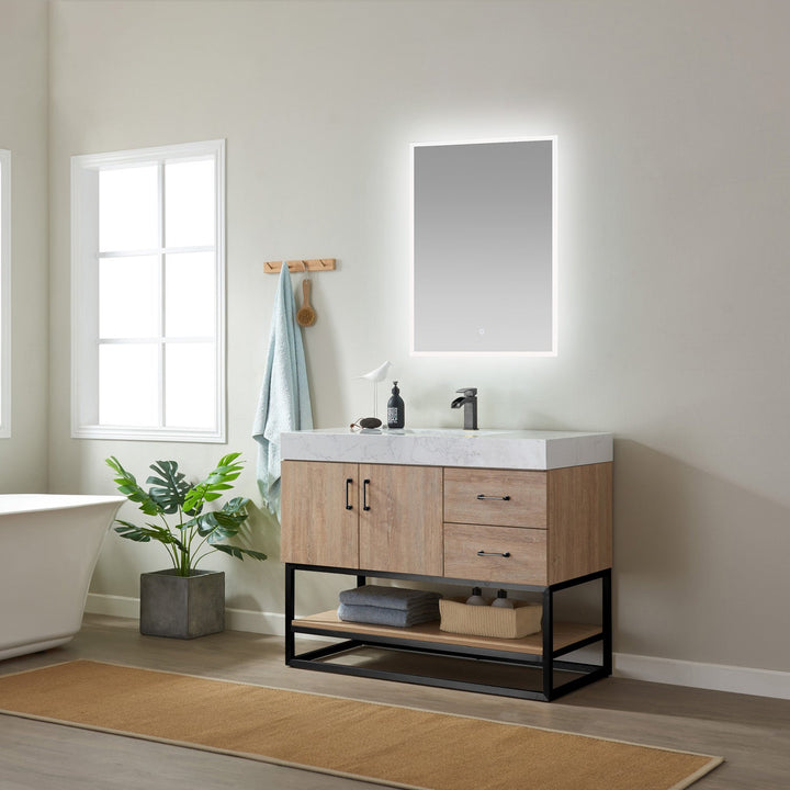 Vinnova Alistair 42B" Single Vanity in North American Oak with White Grain Stone Countertop With Mirror