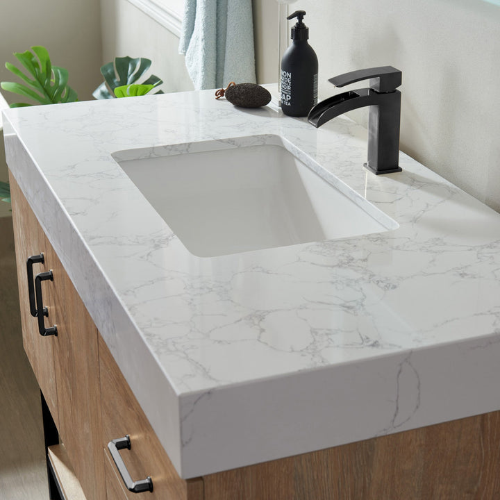 Vinnova Alistair 42B" Single Vanity in North American Oak with White Grain Stone Countertop With Mirror