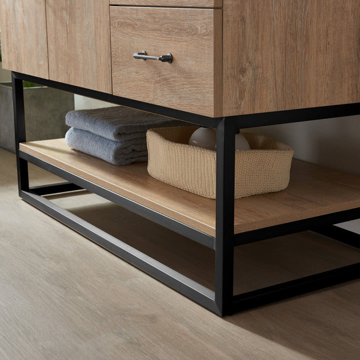 Vinnova Alistair 42B" Single Vanity in North American Oak with White Grain Stone Countertop With Mirror