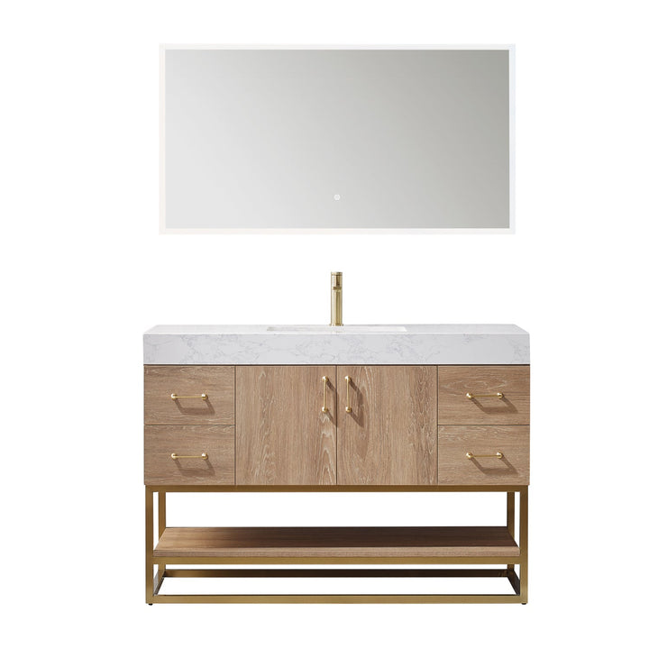 Vinnova Alistair 48" Single Vanity in North American Oak with White Grain Stone Countertop With Mirror