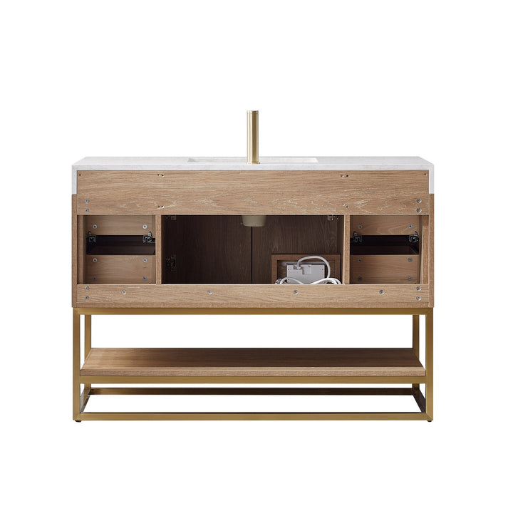 Vinnova Alistair 48" Single Vanity in North American Oak with White Grain Stone Countertop With Mirror