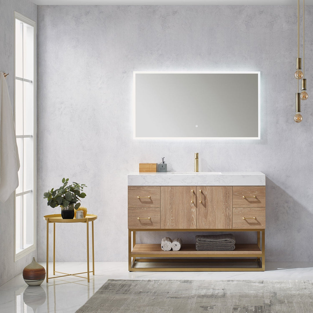 Vinnova Alistair 48" Single Vanity in North American Oak with White Grain Stone Countertop With Mirror